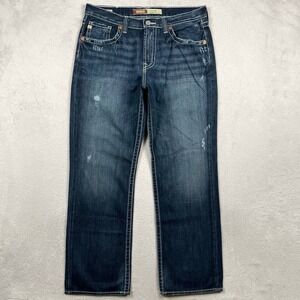 Big Star Voyager Jeans Mens 36x32 Relaxed Dark Blue Distressed Western Whisker